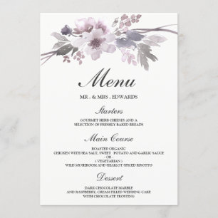 Elegant lila grå vinter blommande bröllop meny