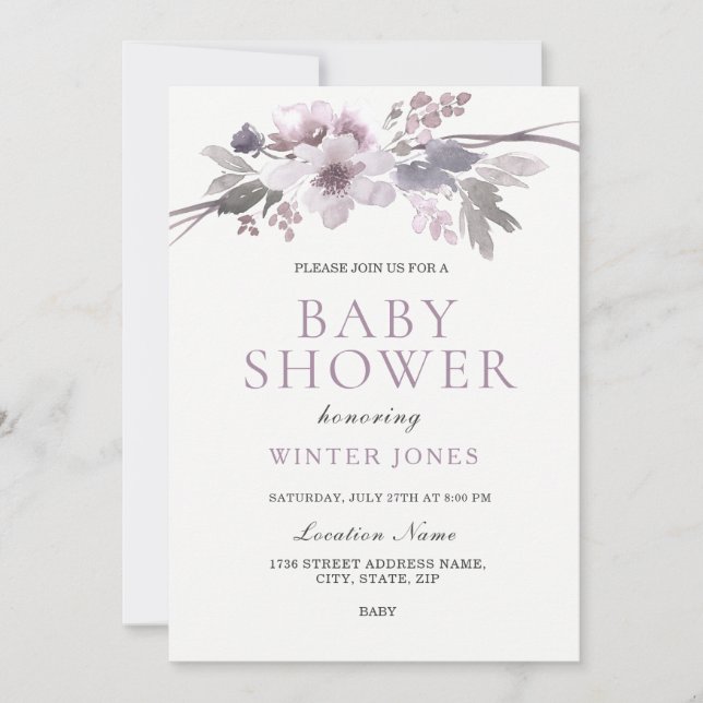 Elegant Lila Grått Winter Flowers Baby Shower Inbjudningar (Framsida)