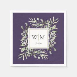 Elegant Lila Greenery Guld Monogram Pappersservett