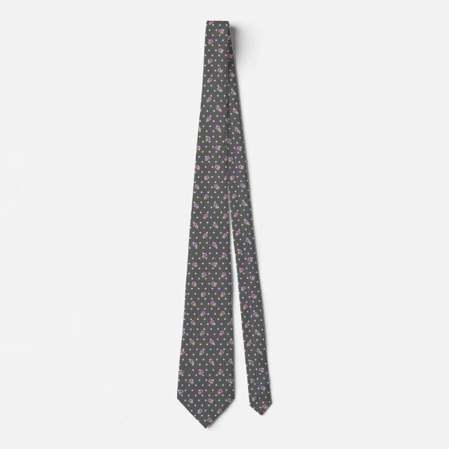 Elegant lila grön på mörkgrå blommönster slips (Framsida)