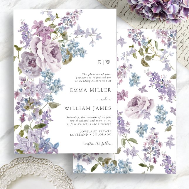 Elegant lila grönska bröllop inbjudningar (Elegant Lilac Greenery Wedding Invitation with Monogram by Painted Paperie
)