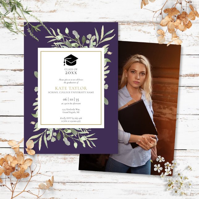 Elegant lila grönskande fotogradueringsfest inbjudningar (Elegant Purple Greenery Photo Graduation Party Invitation)