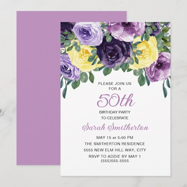 Elegant lila gul blommig 50-årsdag inbjudningar (Fram/baksida)