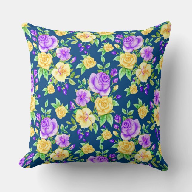 Elegant Lila Gul ros Blommönster Kudde (Framsida)