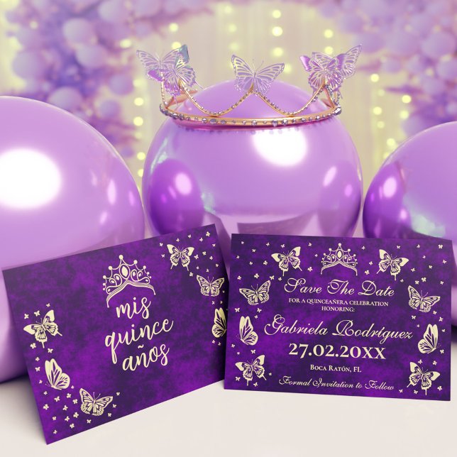 Elegant Lila Guld 15:e födelsedagen Quinceañera Spara Datumet (Elegant Purple Gold 15th Birthday Quinceañera Save The Date)