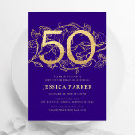 Elegant Lila Guld 50:e födelsedagen Inbjudningar<br><div class="desc">Elegant lila guld 50 födelsedagsfest inbjudan. Anpassadets moderna femininindesign med ro botaniska accenter och faux glitter guld. Enkel perfekt för inbjudan-kort i blommigt för en snyggt kvinnlig dag firande. Anpassa med dina egna detaljer. Skrivna Zazzle-inbjudningar eller digital utskrivbar mall för omedelbar nedladdning.</div>
