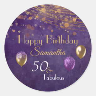 Elegant Lila Guld 50 & Fabulous Grattis på födelse Runt Klistermärke