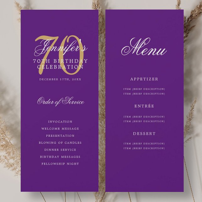 Elegant Lila Guld 70:e födelsedagsprogrammeny Inbjudningar (Elegant Purple Gold 70th Birthday Program Menu)