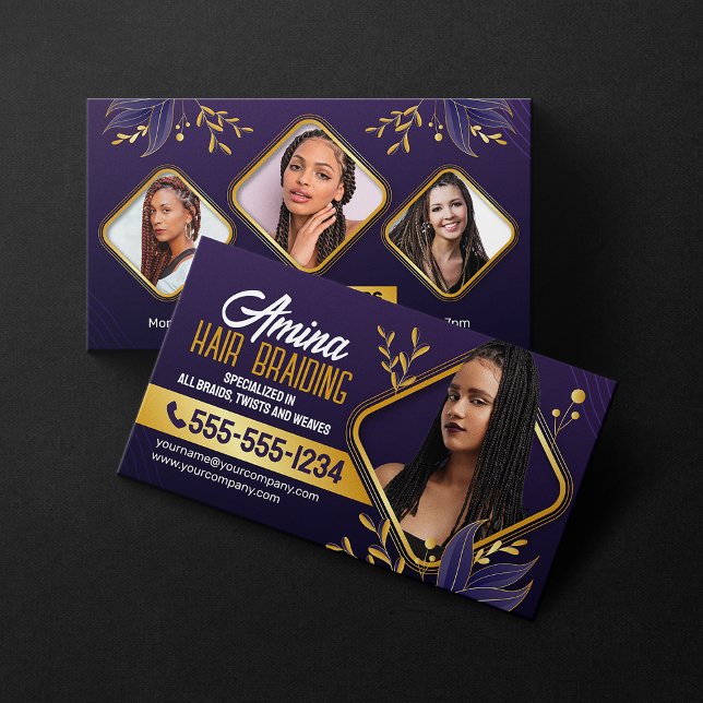 Elegant Lila & Guld African Hair Braiding Photo Visitkort (Skapare uppladdad)