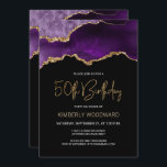 Elegant Lila Guld Agate 50:e Födelsedagsfesten Inbjudningar<br><div class="desc">Det här trendigets 50-årsinbjudan innehåller en vattenfärgsbild av en agate geode i skuggor av lila med faux guld högdagrar. Ord "50:e födelsedag" visas i faux guld glitter i dekorativt modernt handskriftsteckensnitt. Anpassa den med heoträdets namn i guld färgad och detaljerna i vitt. Samma lila agate-bild visas på baksidan.</div>