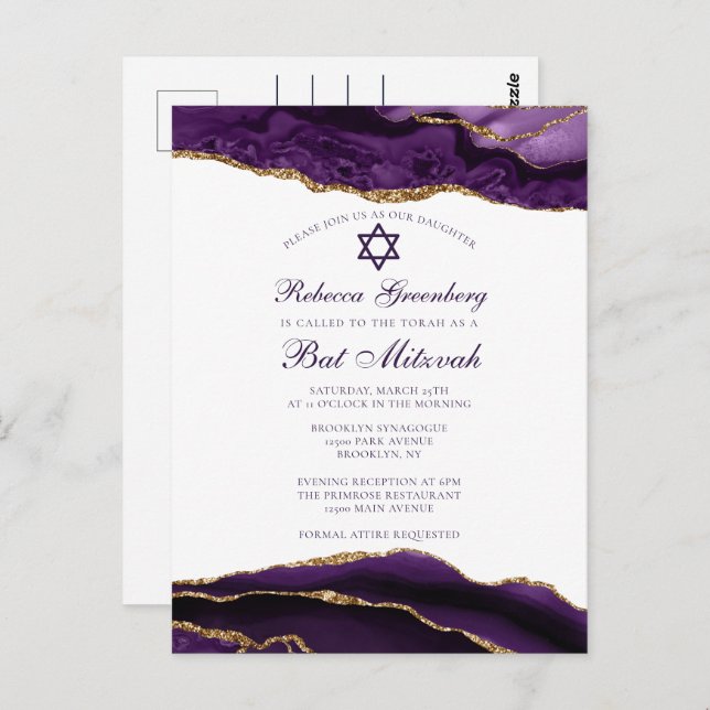 Elegant lila guld Bat Mitzvah-festkort Vykort (Fram/baksida)