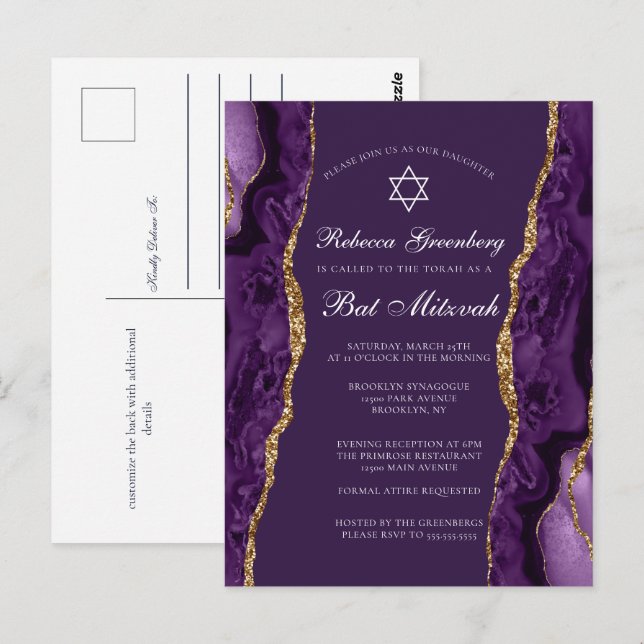 Elegant lila guld Bat Mitzvah-festkort Vykort (Fram/baksida)