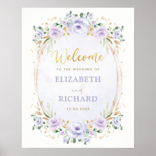 Elegant lila guld blommig bröllops välkomstaffisch poster