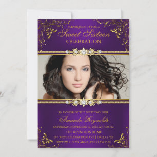 Elegant lila & guld blommig Sweet Sixteen inbjudan