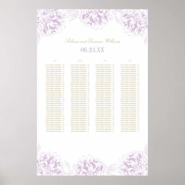Elegant Lila Guld Blommigt Peony Bröllop Seating Poster (Framsidan)