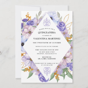 Elegant Lila Guld Blommigt Quinceanera Inbjudningar