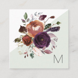 Elegant Lila Guld Burgundy Blommigt Monogram Fyrkantigt Visitkort