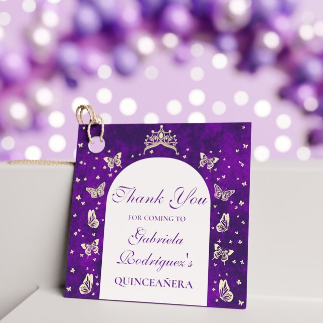 Elegant Lila Guld Butterfly Mis Quince Tack Gåvor Etiketter (Elegant Purple Gold Butterfly Mis Quince Thank You Favor Tags)