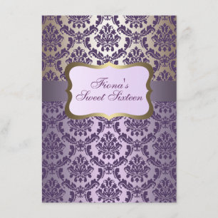 Elegant Lila & Guld Damask Birthday Inbjudan