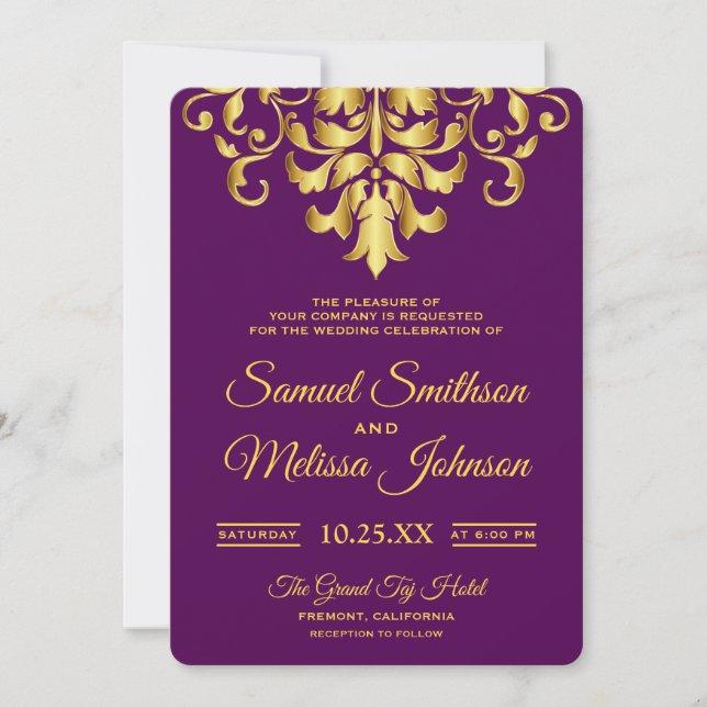 Elegant lila guld-damask bröllopsinbjudan inbjudningar (Framsida)