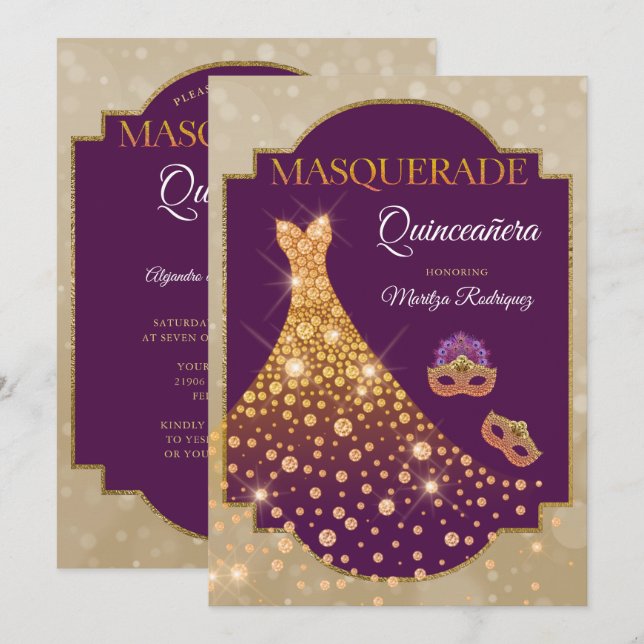 Elegant Lila Guld Diamond Quinceañera Masquerade Inbjudningar (Fram/baksida)