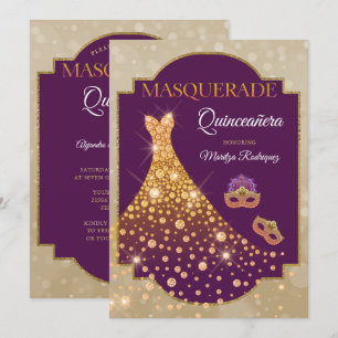 Elegant Lila Guld Diamond Quinceañera Masquerade Inbjudningar
