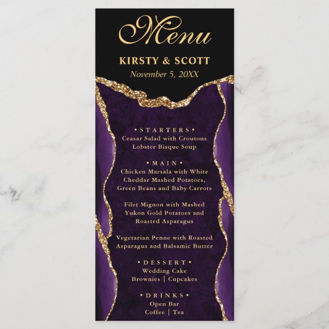 Elegant Lila & Guld Faux Glitter Agate Bröllop Meny (Framsida)