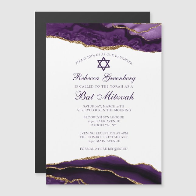 Elegant Lila Guld Glam Bat mitzvah Party Magnetisk Inbjudningskort (Fram/baksida)
