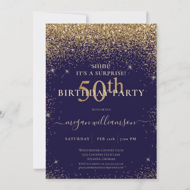 Elegant Lila Guld Glitter 50:e Födelsedagsfesten Inbjudningar (Framsida)