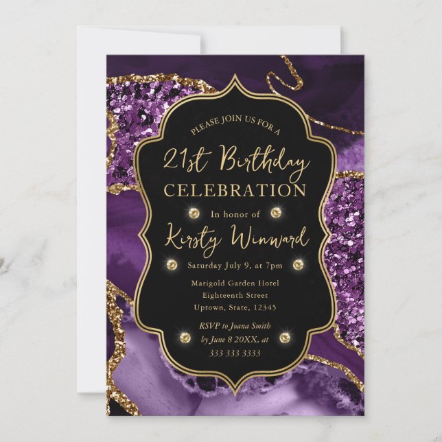 Elegant lila & guld glitter agat 21-årsdag inbjudningar (Framsida)