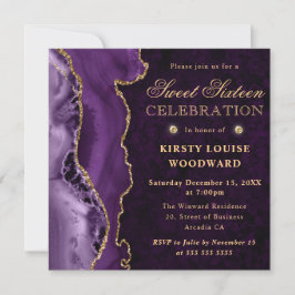 Elegant Lila Guld Glitter Agate Sweet sixteen Inbjudningar