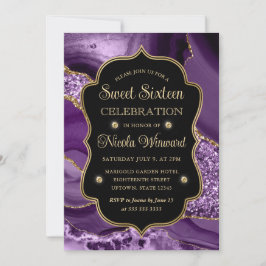 Elegant Lila & Guld Glitter Agate Sweet sixteen Inbjudningar