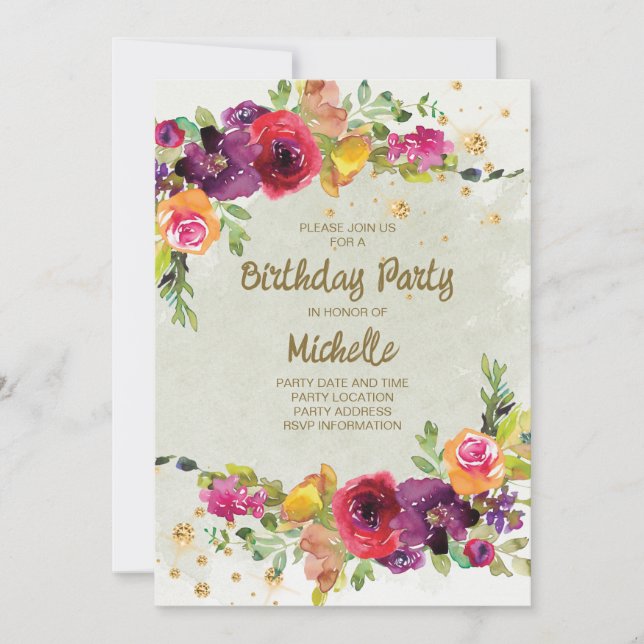 Elegant lila guld glitter blommande födelsedag inbjudningar (Framsida)