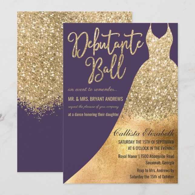Elegant Lila Guld Glitter Dress Debutante Dance Inbjudningar (Fram/baksida)