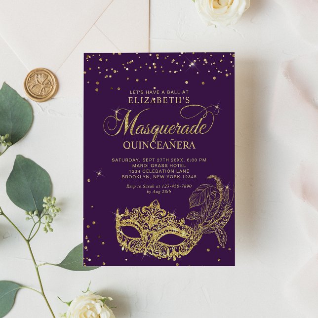 Elegant Lila Guld Glitter Masquerad Quinceañera Inbjudningar (Skapare uppladdad)