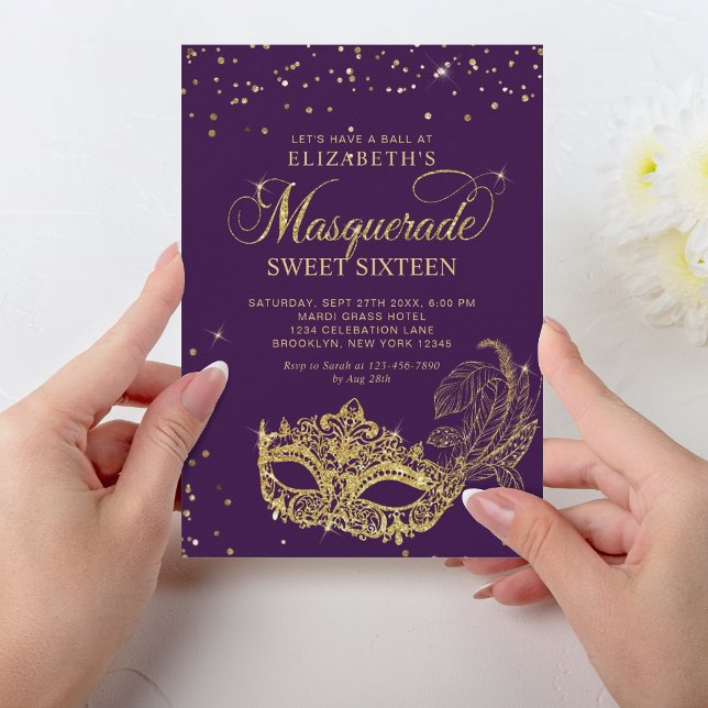 Elegant Lila Guld Glitter Masquerad Sweet 16 Inbjudningar (Skapare uppladdad)
