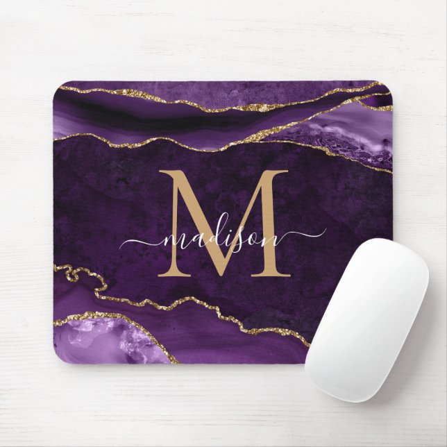 Elegant Lila Guld Gnistra Agate Geode Monogram Musmatta (Med mus)