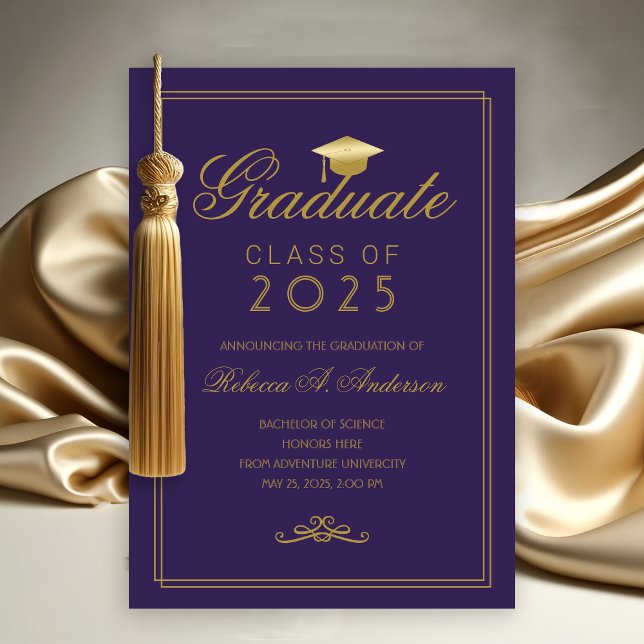 Elegant Lila Guld Grad Cap College Graduation Meddelande (Purple and Gold College Graduation Announcement)