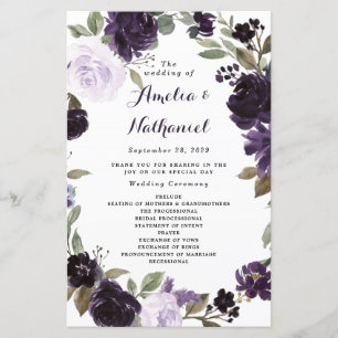 Elegant Lila Guld Grönt Blommigt Bröllopsprogram