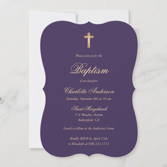 Elegant Lila Guld Kor Script Girl Baptism Inbjudningar (Framsida)