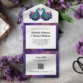 Elegant Lila Guld Påfågel Foto Ekologisk QR Bröllo