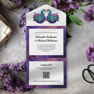 Elegant Lila Guld Påfågel Foto Ekologisk QR Bröllo
