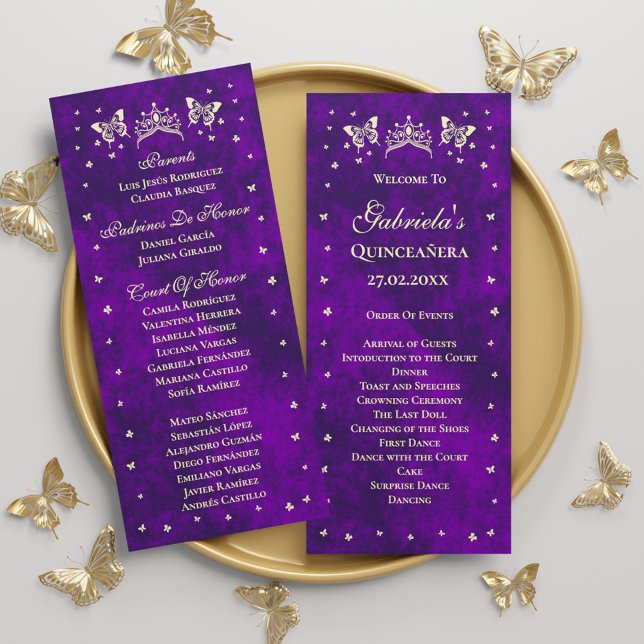 Elegant Lila Guld Tiara Butterflies Quinceañera Program (Elegant Purple Gold Tiara Butterflies Quinceañera Program)