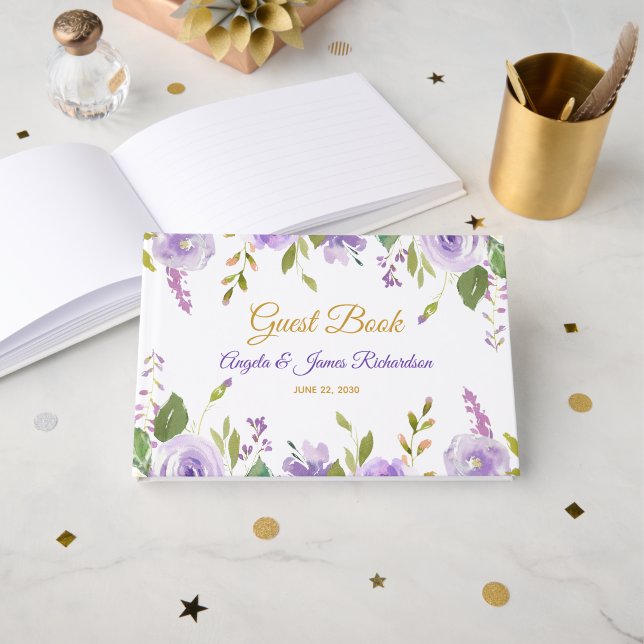Elegant lila guld vattenfärg blommande bröllop gästböcker (Framsida öppen)