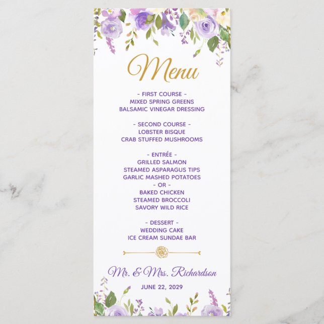 Elegant lila guld vattenfärg blommande bröllop meny (Framsida)