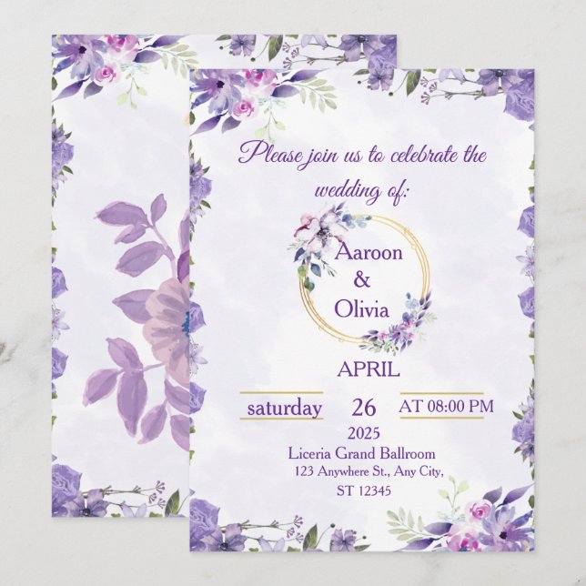 Elegant lila guld vattenfärg blomster bröllopsinbj inbjudningar (Fram/baksida)