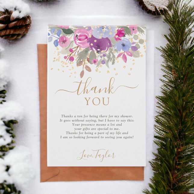 Elegant lila guld vinter blommande bröllopsdusch tack kort (Elegant Purple Gold Winter Floral Bridal shower Thank You Card)