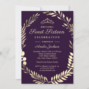 Elegant lila guldkrans Sweet Sixteen Inbjudningar