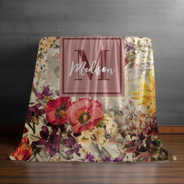 Elegant lila gult blommigt grått monogrammat fleecefilt