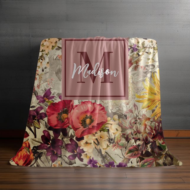 Elegant lila gult blommigt  grått monogrammat fleecefilt (Skapare uppladdad)